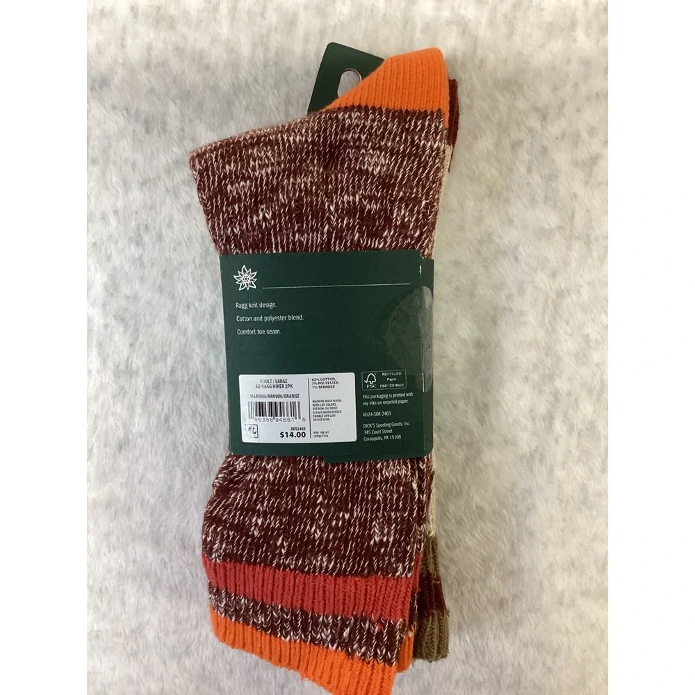 Alpine Design 2 Pair Ragg Hiker Crew Socks Maroon Brown Orange L AD24-SOK-2401.